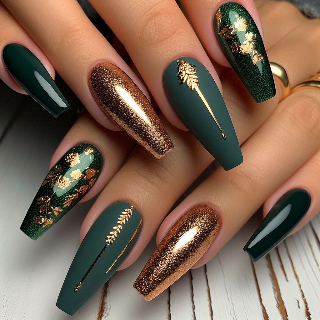 Girly Acrylic Nails Green and Gold 