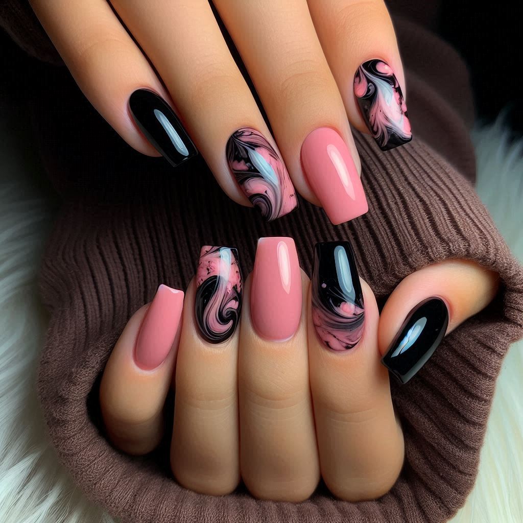  Black Nails with Pink Marble Effect