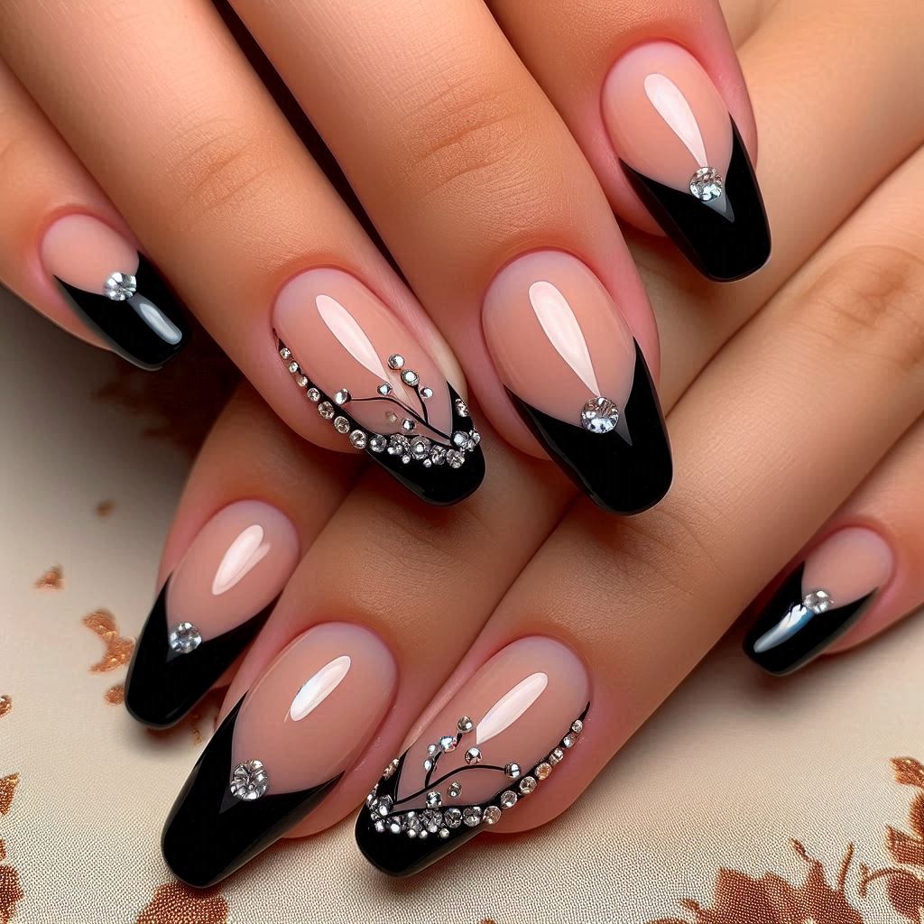 Black French Tip Nails with Bling for a Bold and Edgy Style