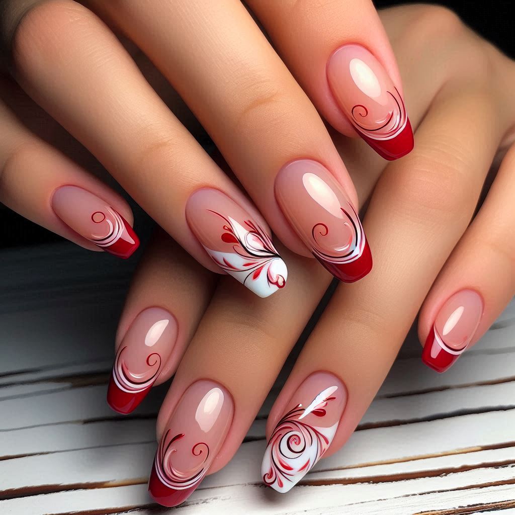 Short Red French Tip Nails with Swirl Accents