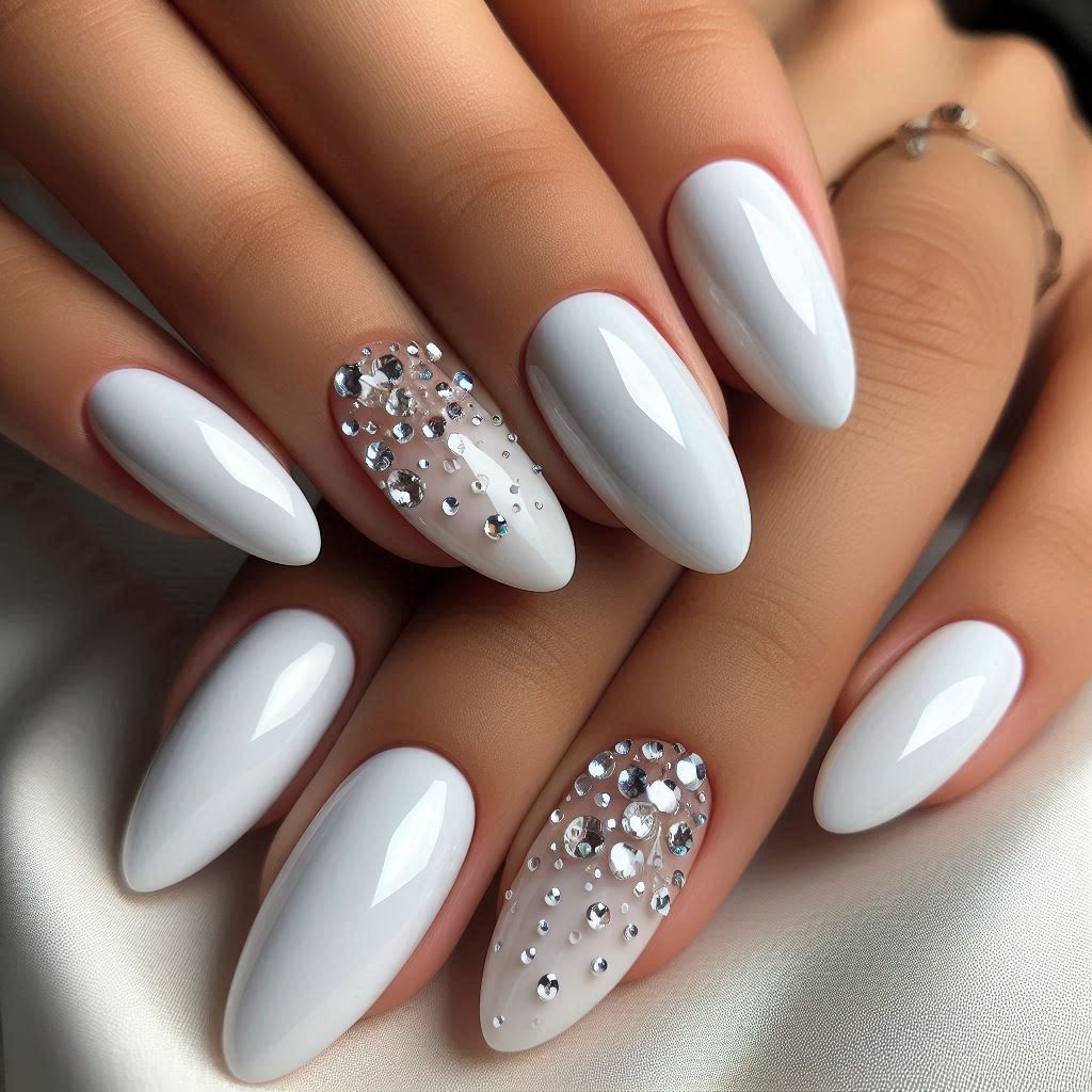 White Bling Nails Rhinestones 