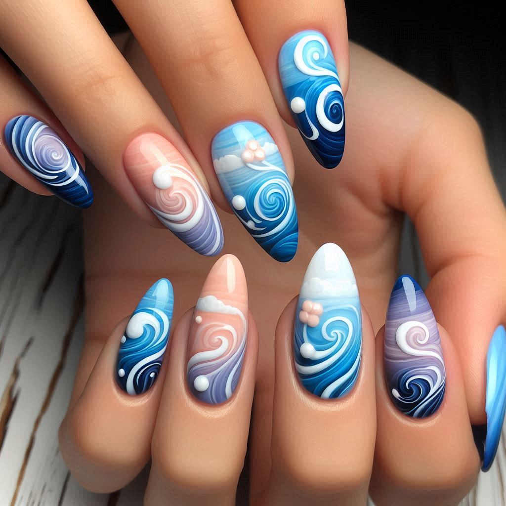 Ocean Blue Swirl Almond Nails