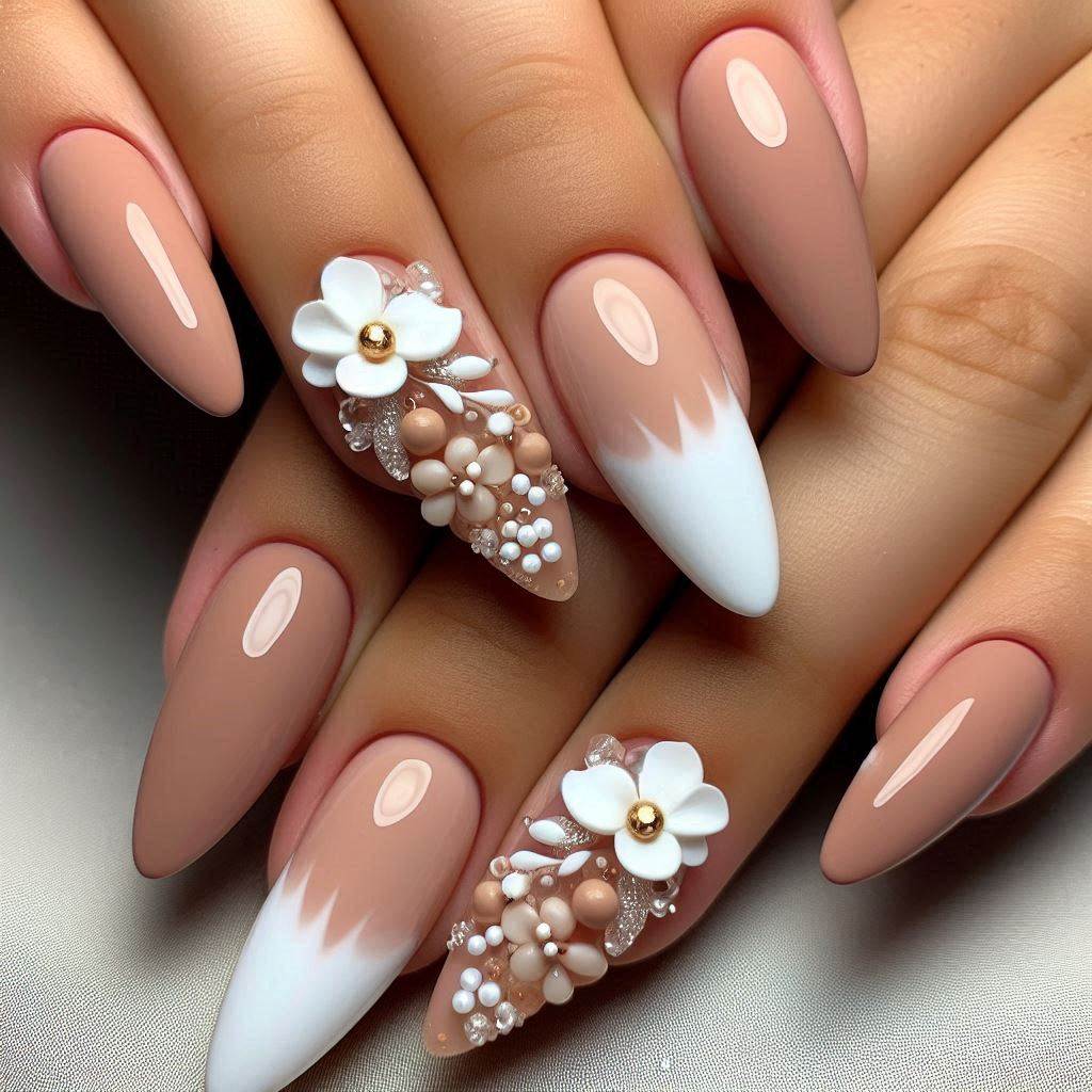 Matte French Tip Nails with 3D Flowers Almond 