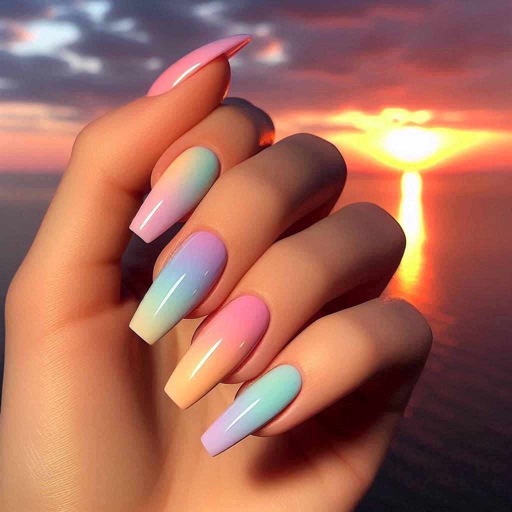 Pastel Rainbow Short Coffin Acrylic Nails