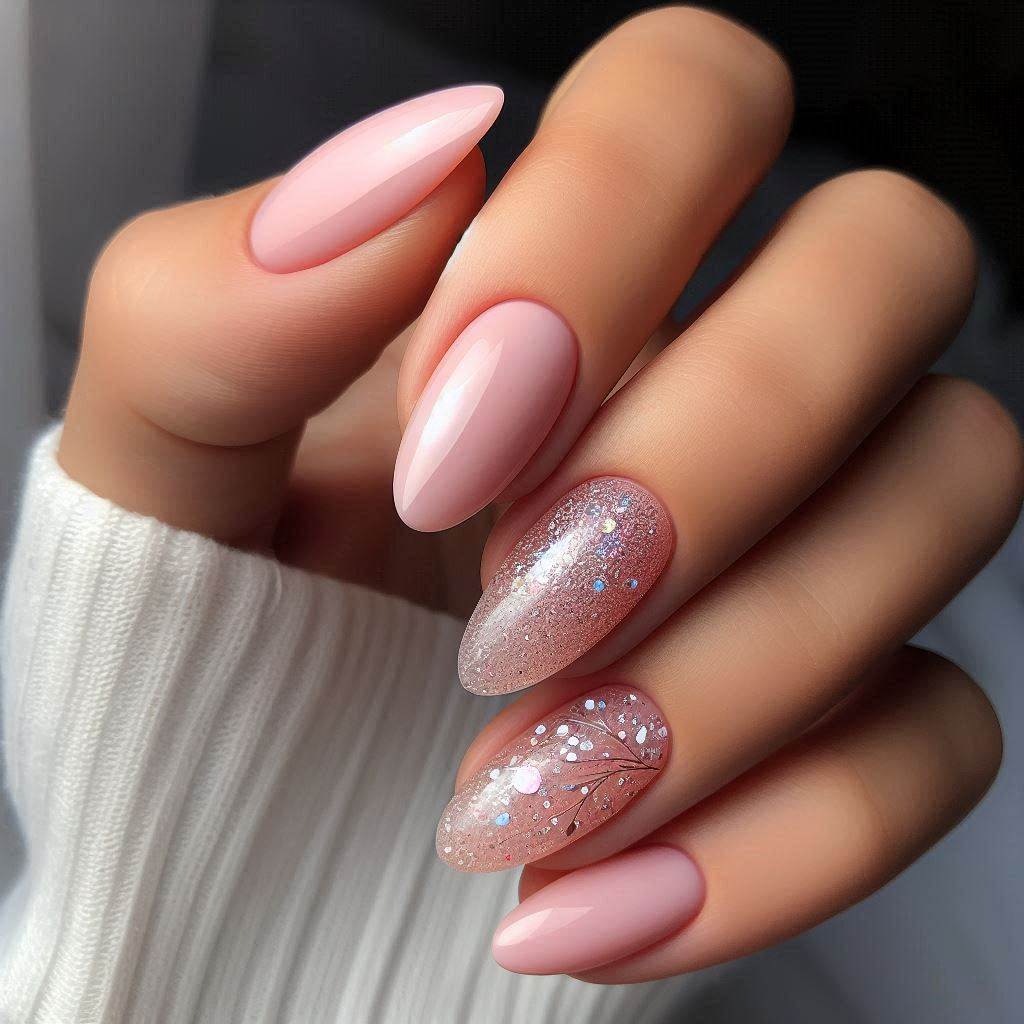 Milky Pink Almond Nails with Glitter Magic