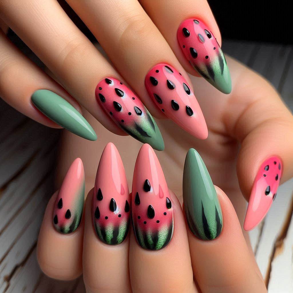 Watermelon Slice Almond Nails