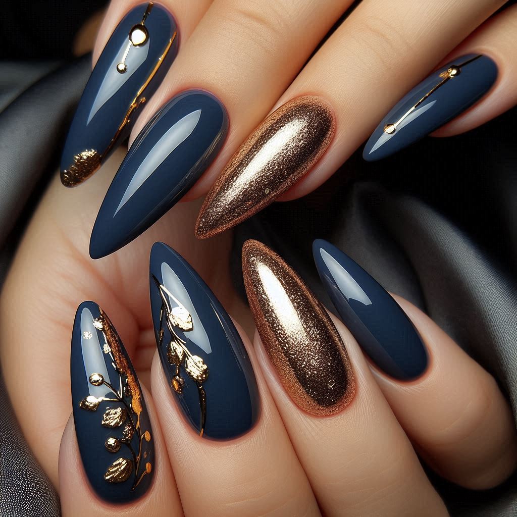 Girly Acrylic Nails Blue and Gold