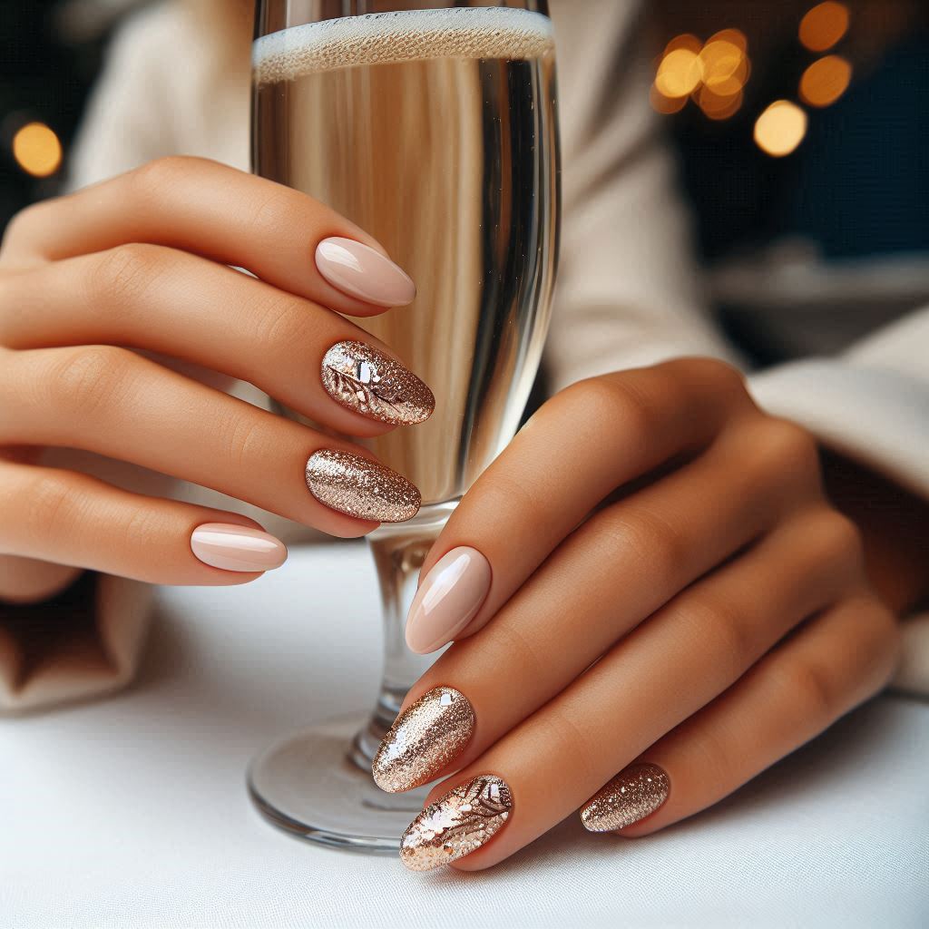 Champagne Glitter Tips on Short Almond Nails