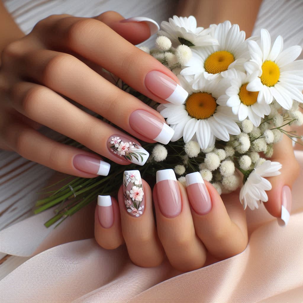 French Tip Gel Nails Short Flower Design