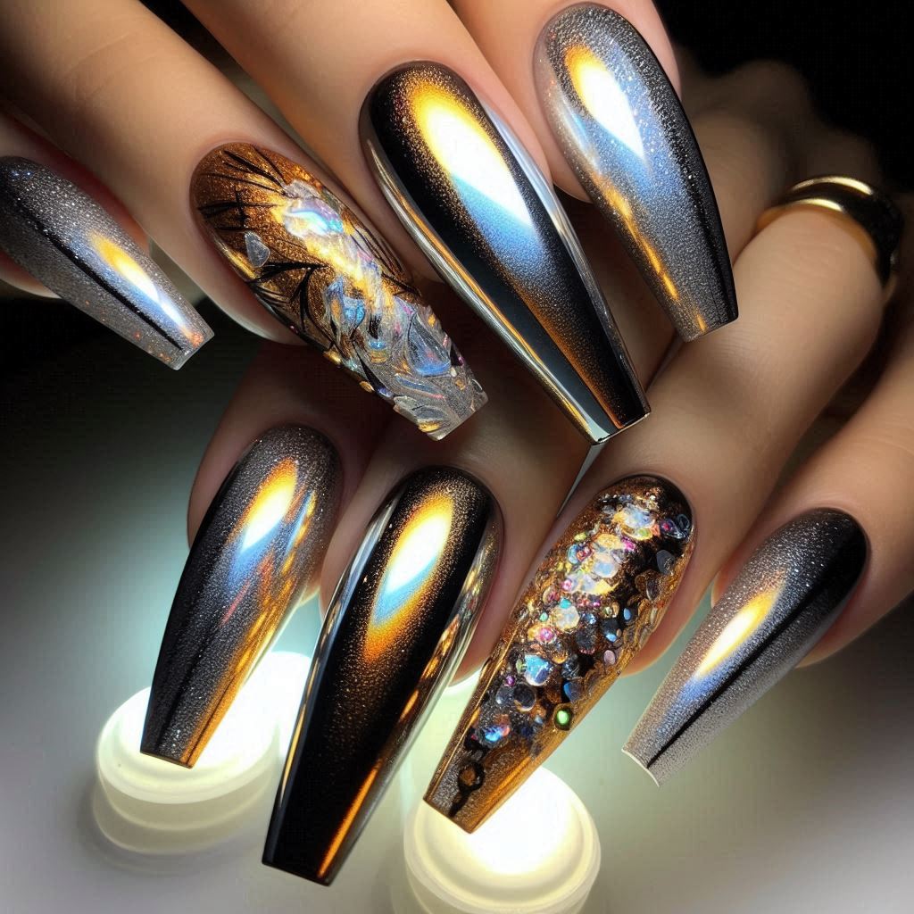 Girly Acrylic Nails Silver and Gold