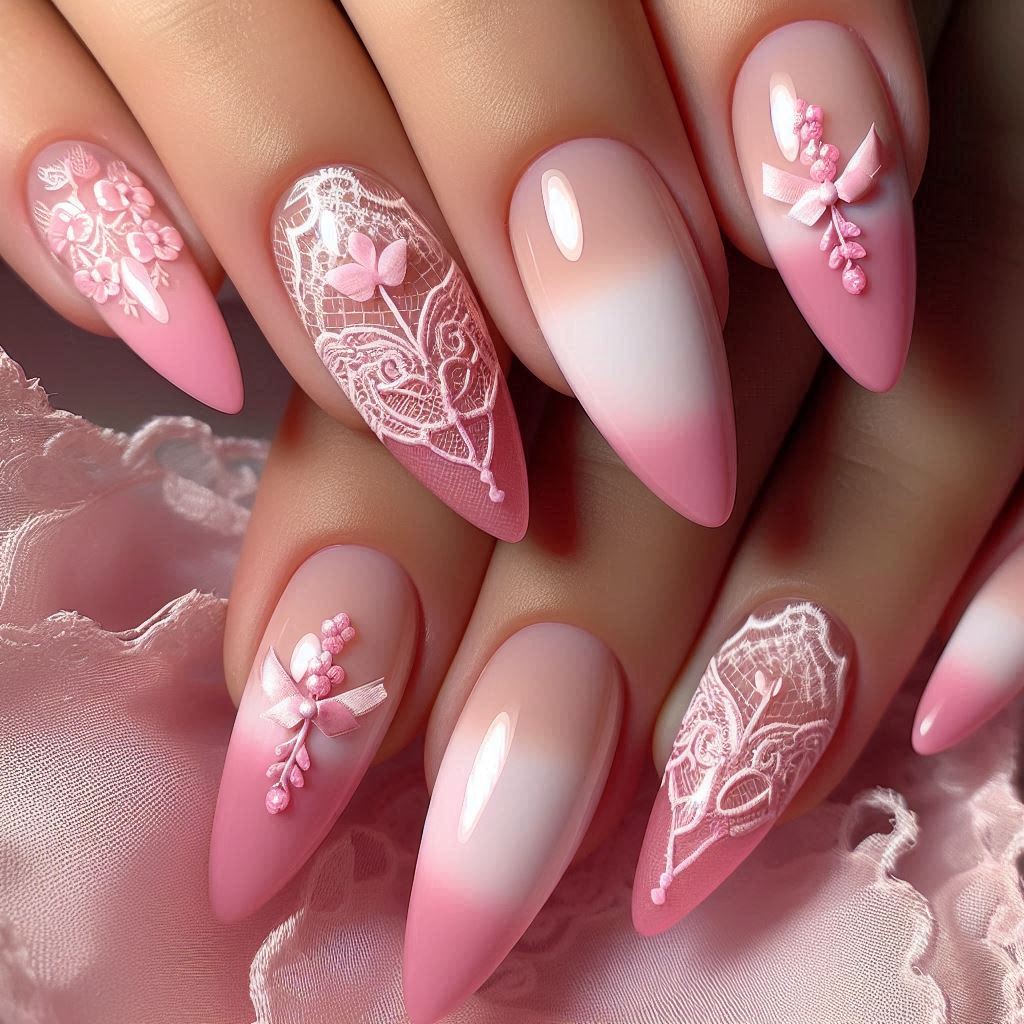 3D French Tip Nails Almond Pink 