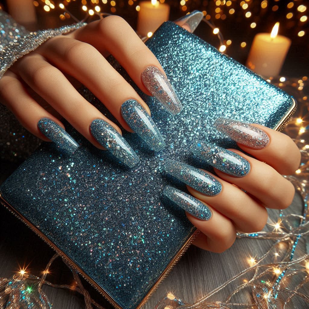 Blue Glitter Acrylic Nails