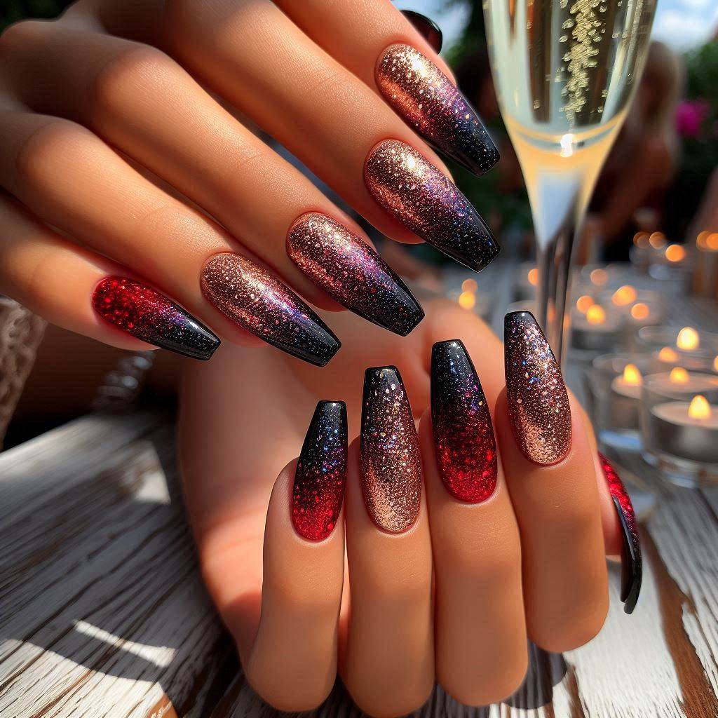 Black and Red Gradient Glitter Nails