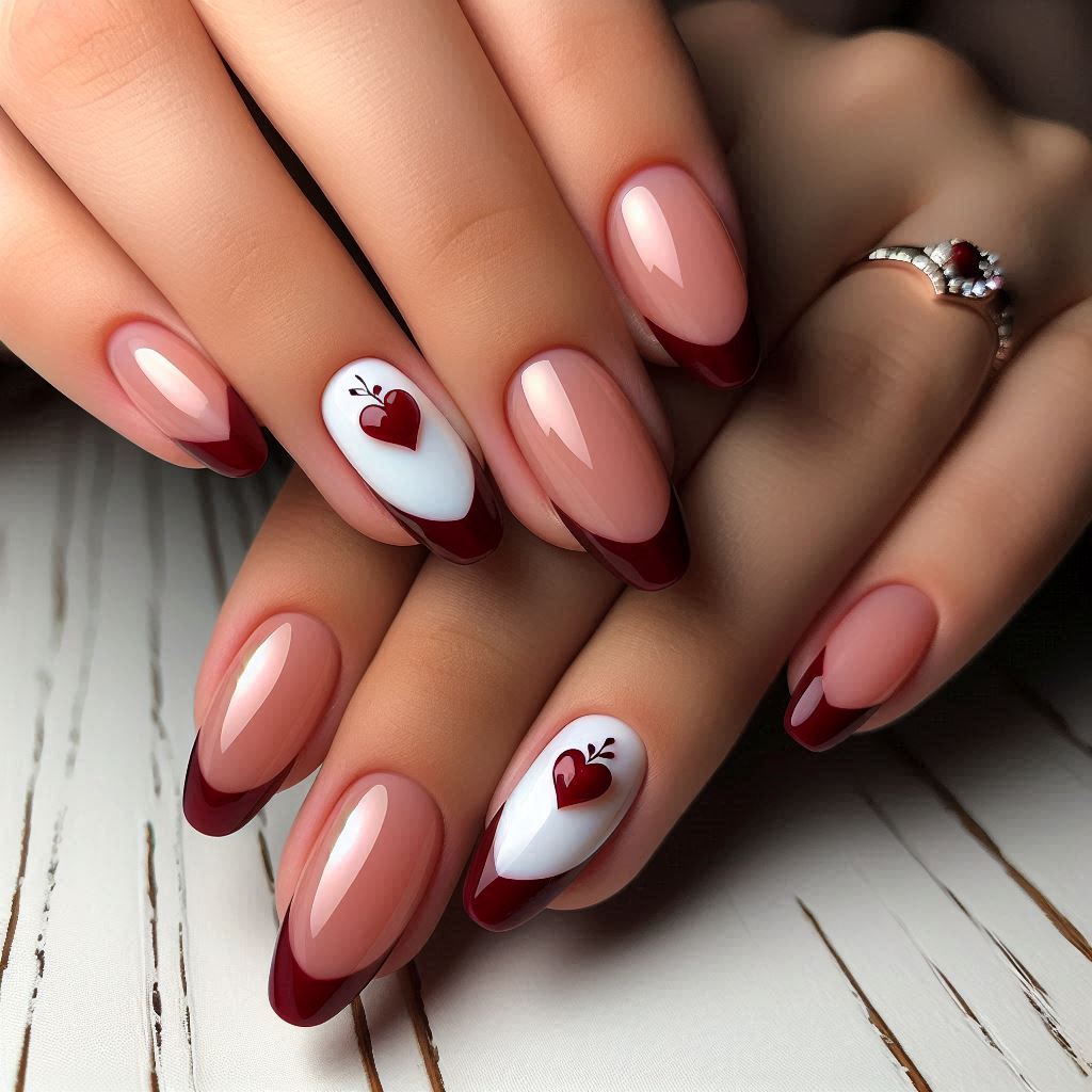 Classic Red French Tip Nails with a Heart