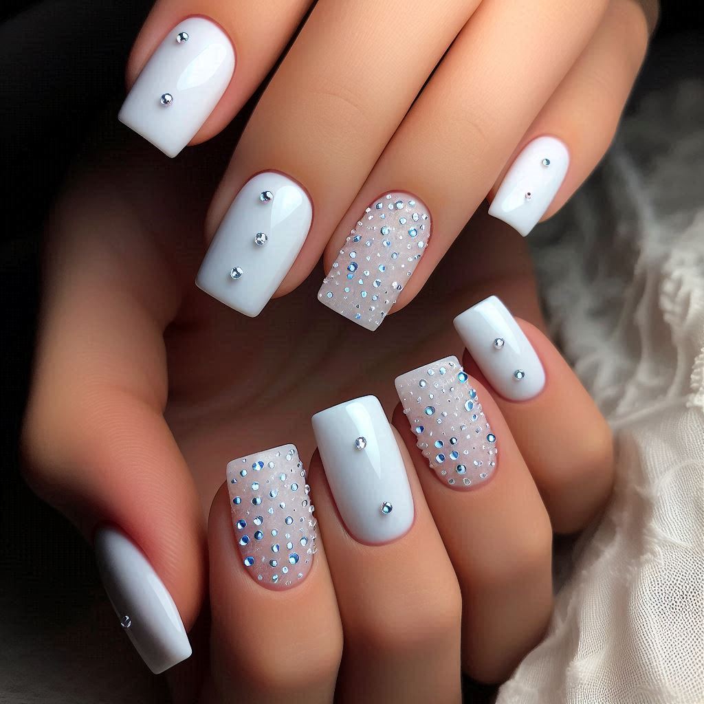  White Bling Acrylic Nails Short and Angelic