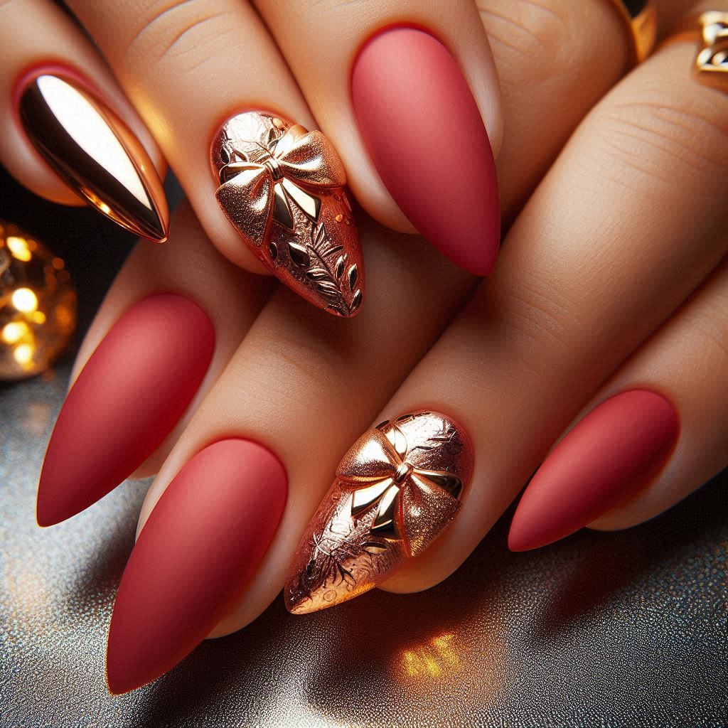  Matte Red Almond Nails with Gold Foil Bow