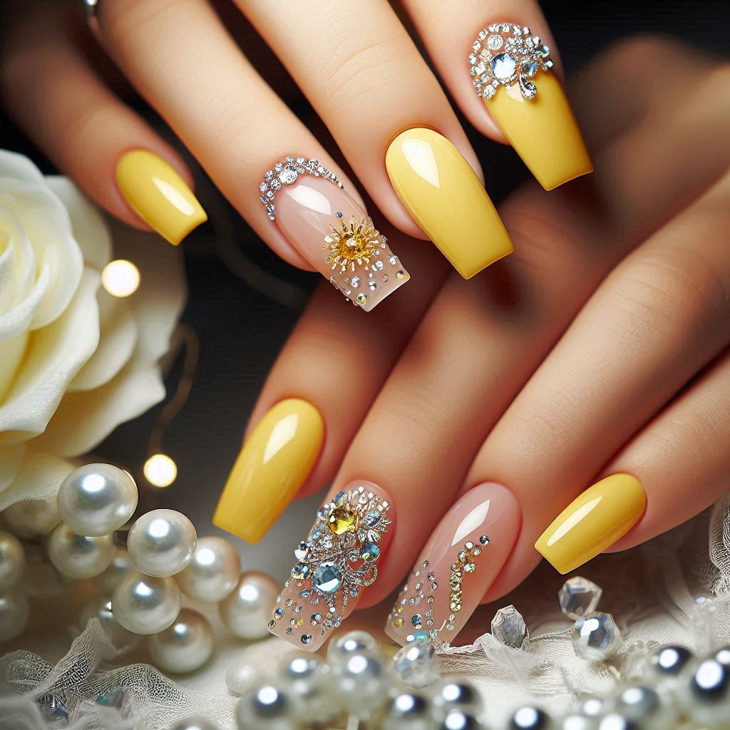 Yellow Nails with Rhinestones for a Glamorous Touch