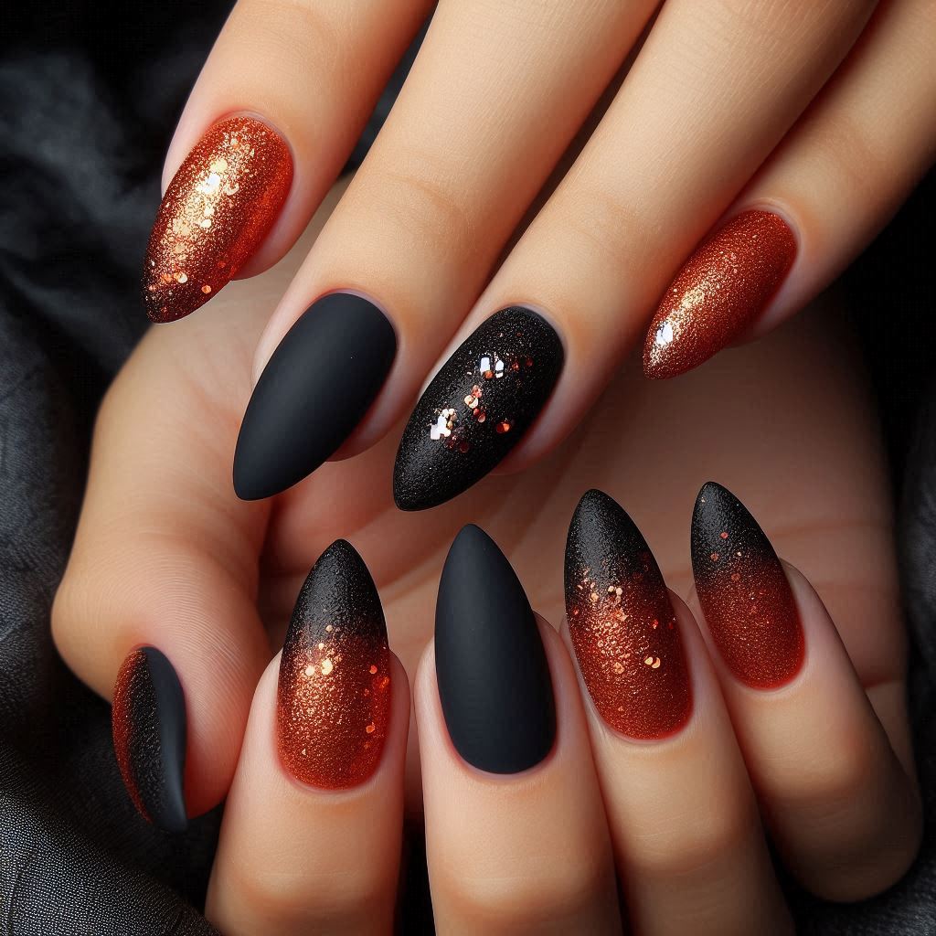 Spooky Chic: Matte Black with Orange Glitter Ombre