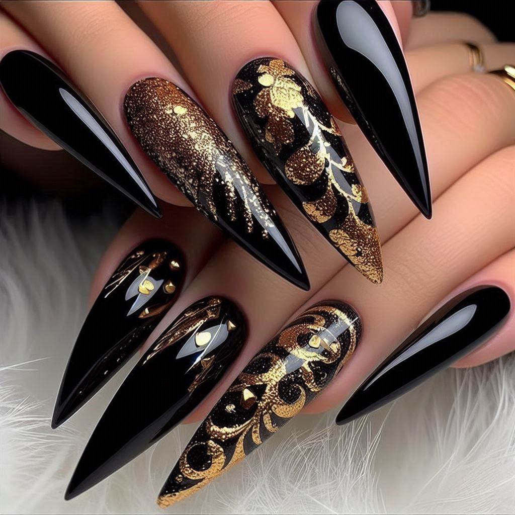 Girly Acrylic Nails Black and Gold