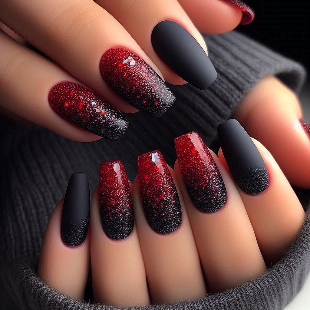 Black Cherry Spark: Matte Black with Red Glitter Ombre