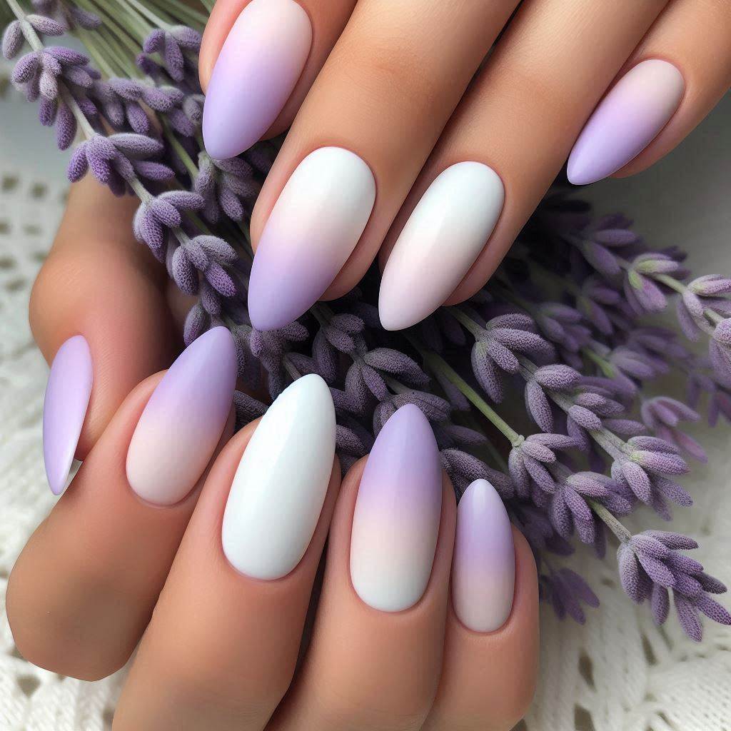 Soft Lavender and White Ombre Almond Nails for a Dreamy Feel