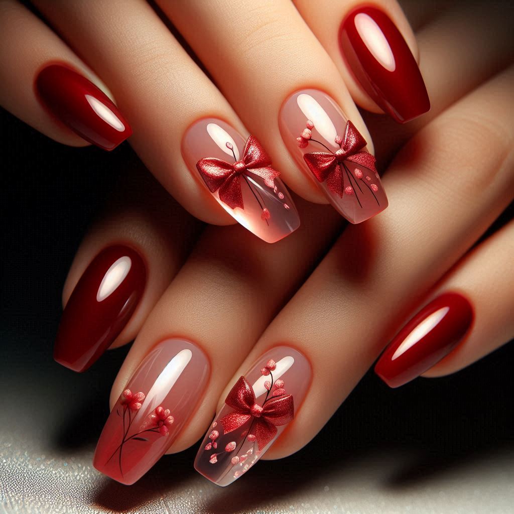 Red Nails with Transparent Bow Decals