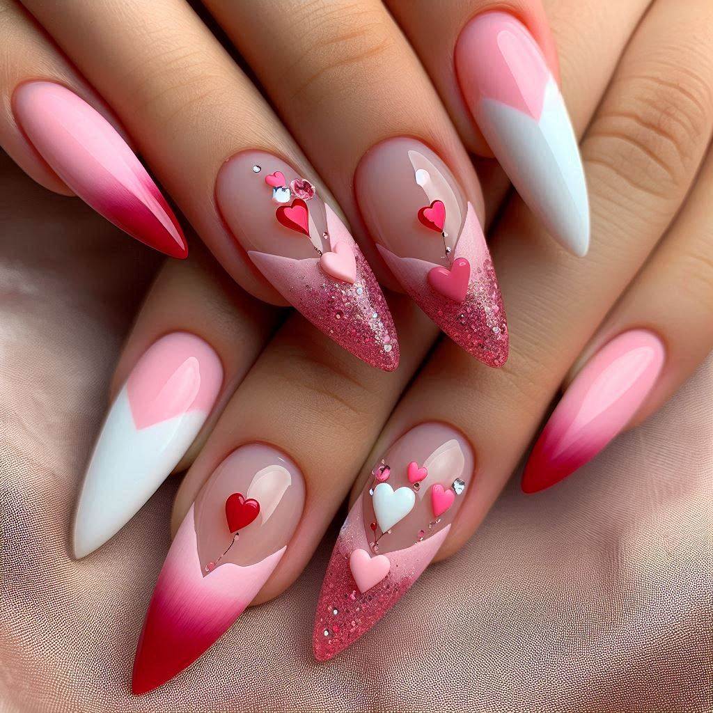 Romantic Heart 3D French Tip Almond Nails