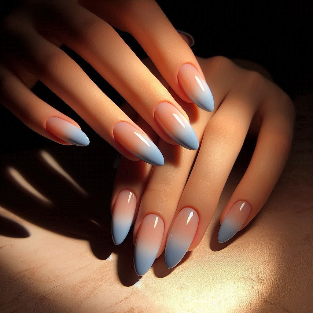 Blue Nails French Tip with Almond Shape