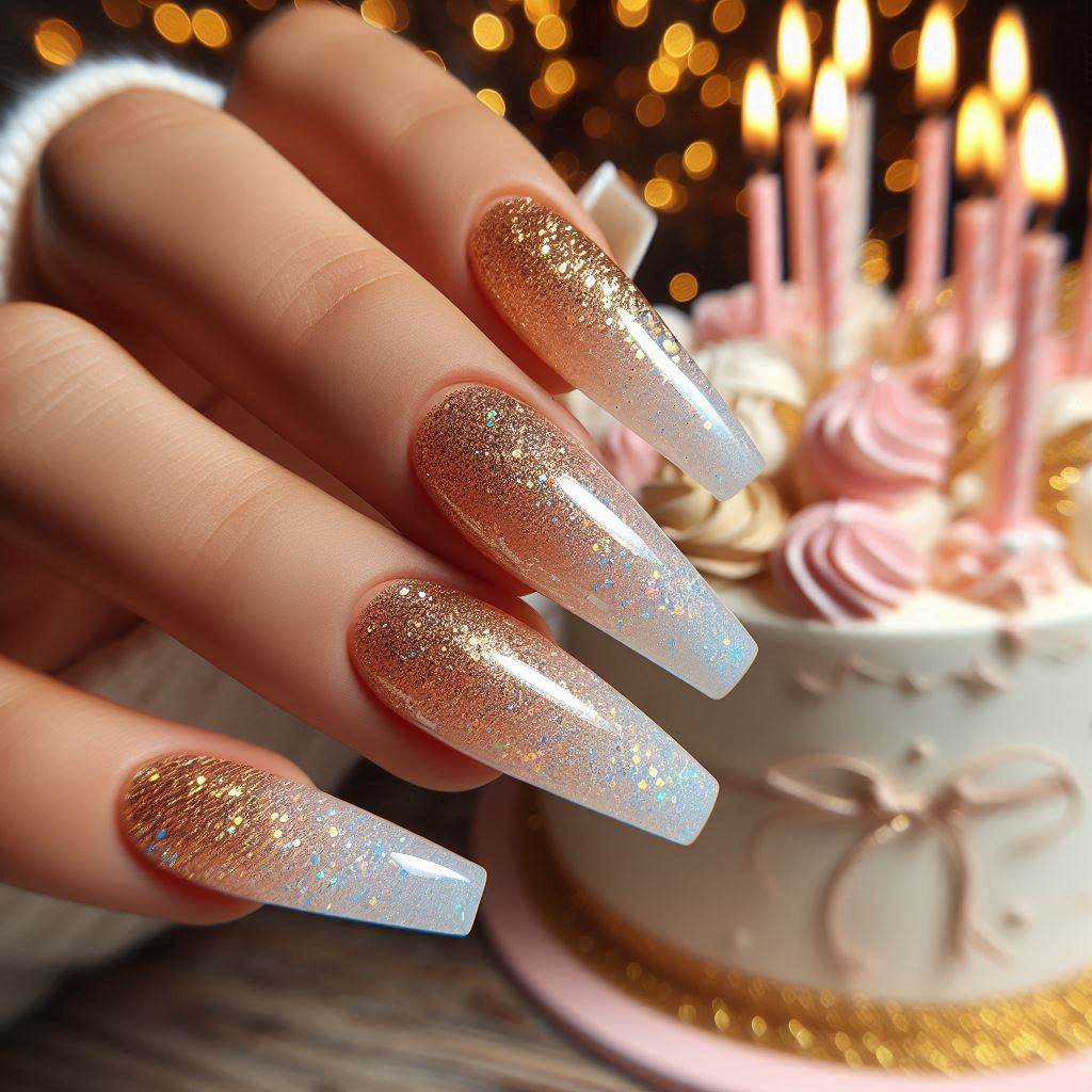 Glitter Ombré White & Gold Nails 