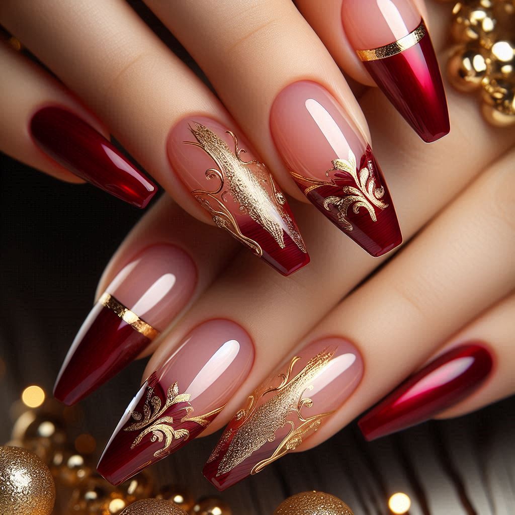 Red French Tip Nails with Gold Accents for a Regal Touch