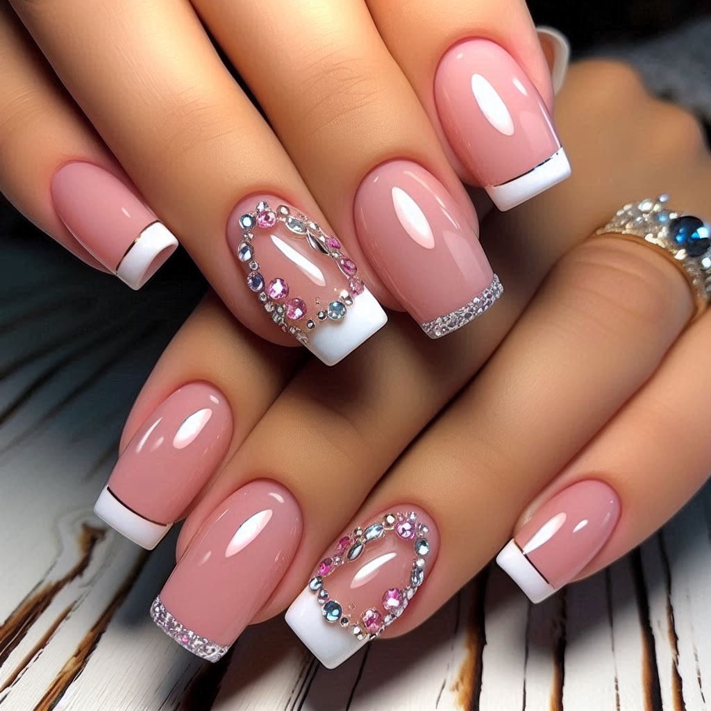 Short Square French Tip Acrylic Nails with Bling Design