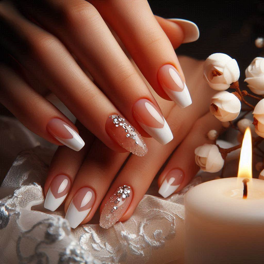 Short Almond French Tip Nails with Rhinestones – Glam & Dazzling