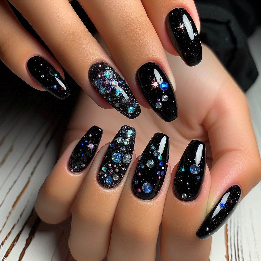 Romantic Black Bling Acrylic Nails Short & Mysterious