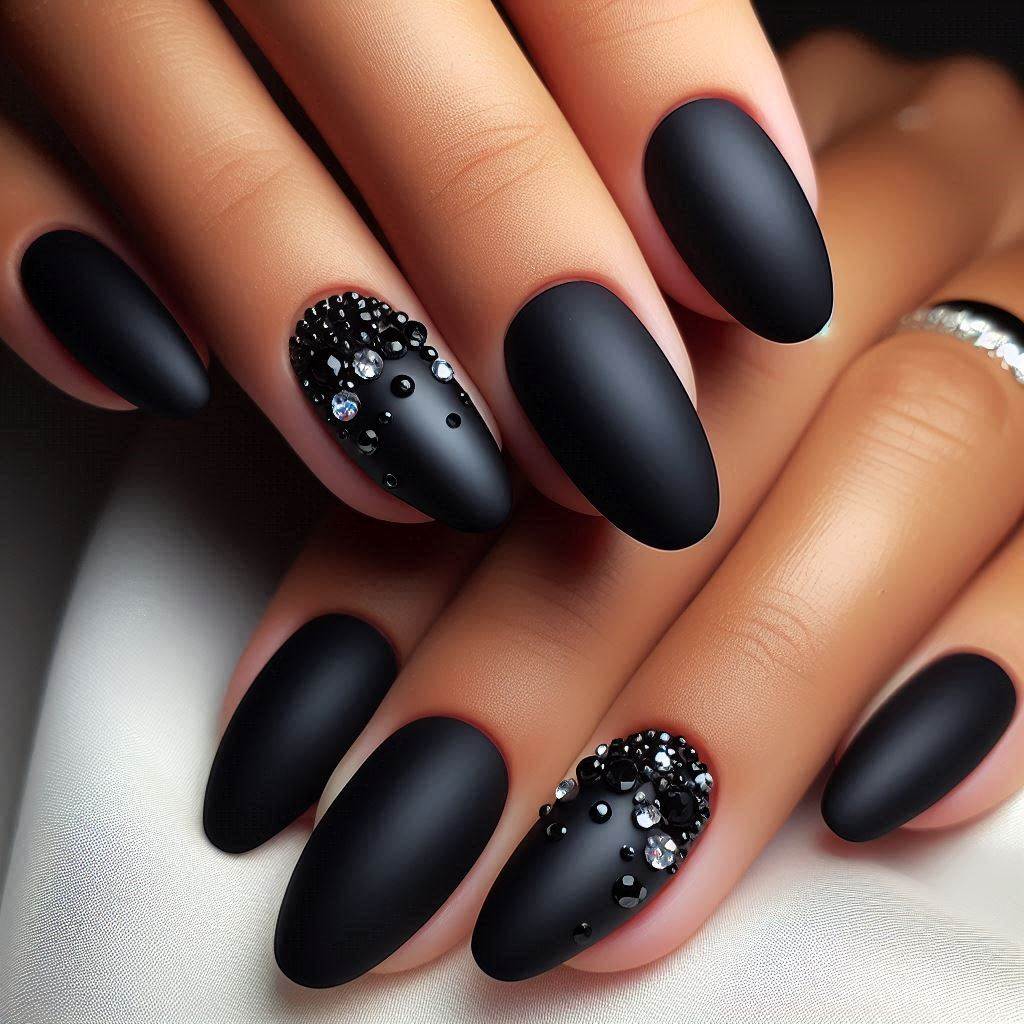 Matte Black Short Acrylic Nails with Rhinestones