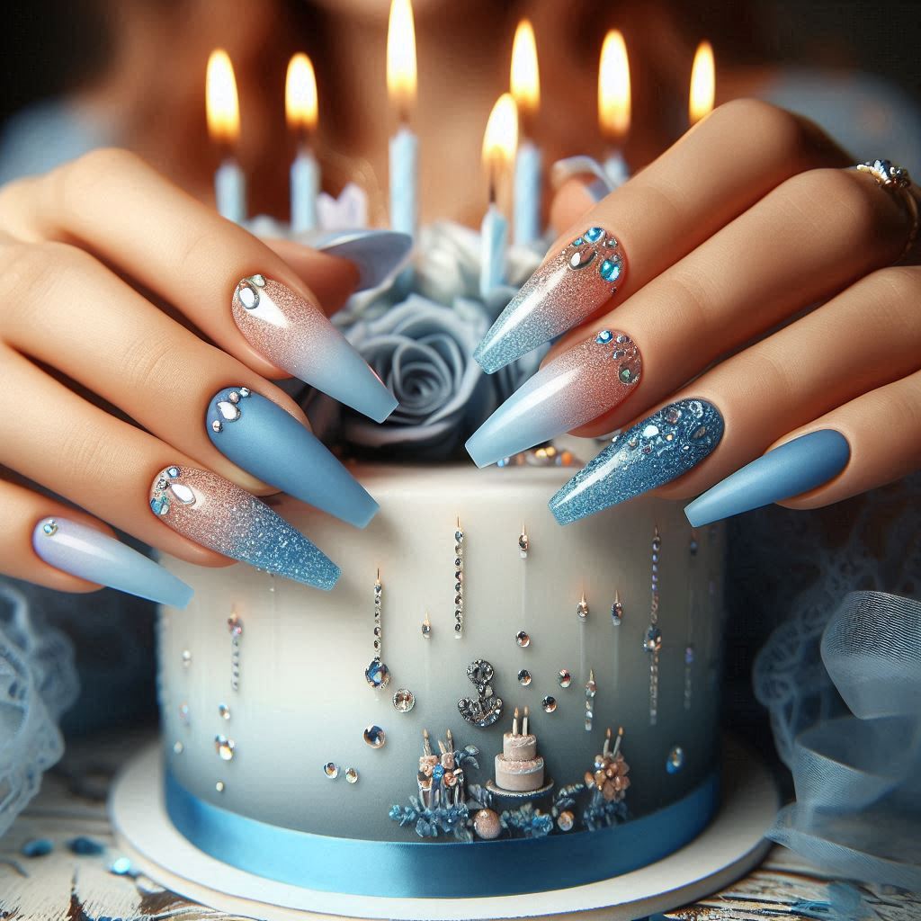 Blue Coffin Birthday Nails Baddie