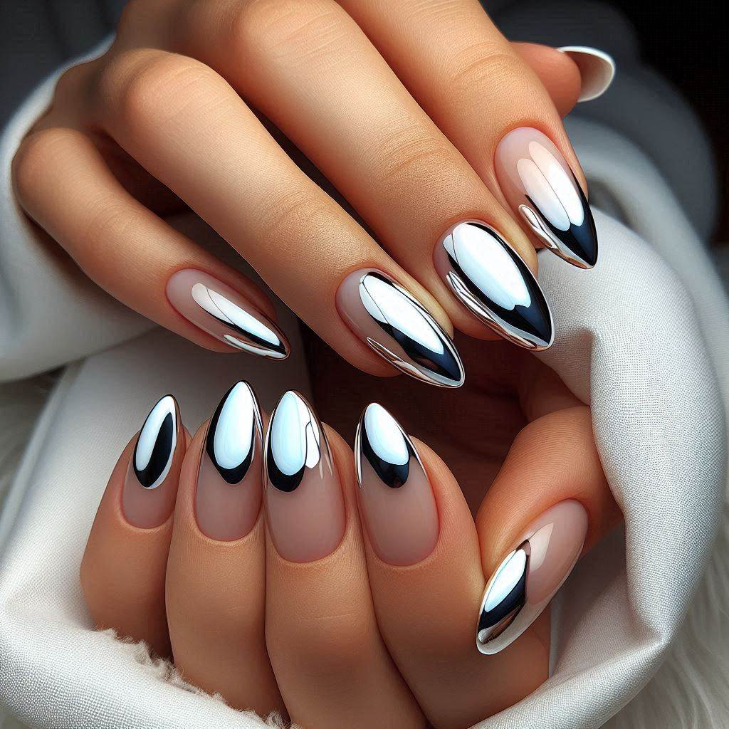 Short Almond French Tip Nails with Chrome Effect – Futuristic & Sleek