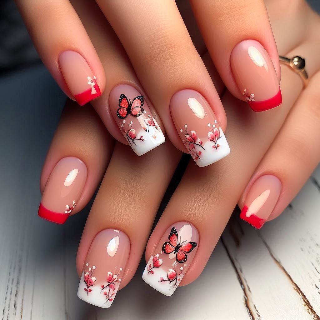 Short Red French Tip Nails with Butterfly Designs