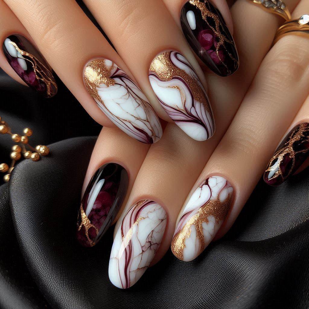 Burgundy Marble Nails