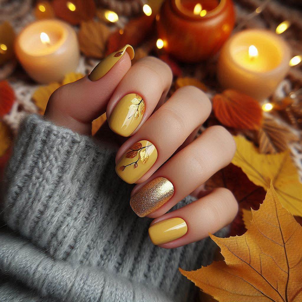 Cute Fall Nails Acrylic Short Yellow with Gold Accents