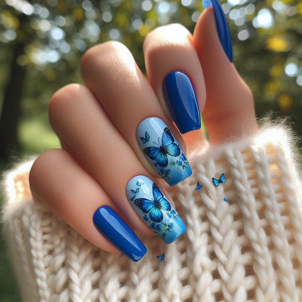 Butterfly-Inspired Royal Blue Nails