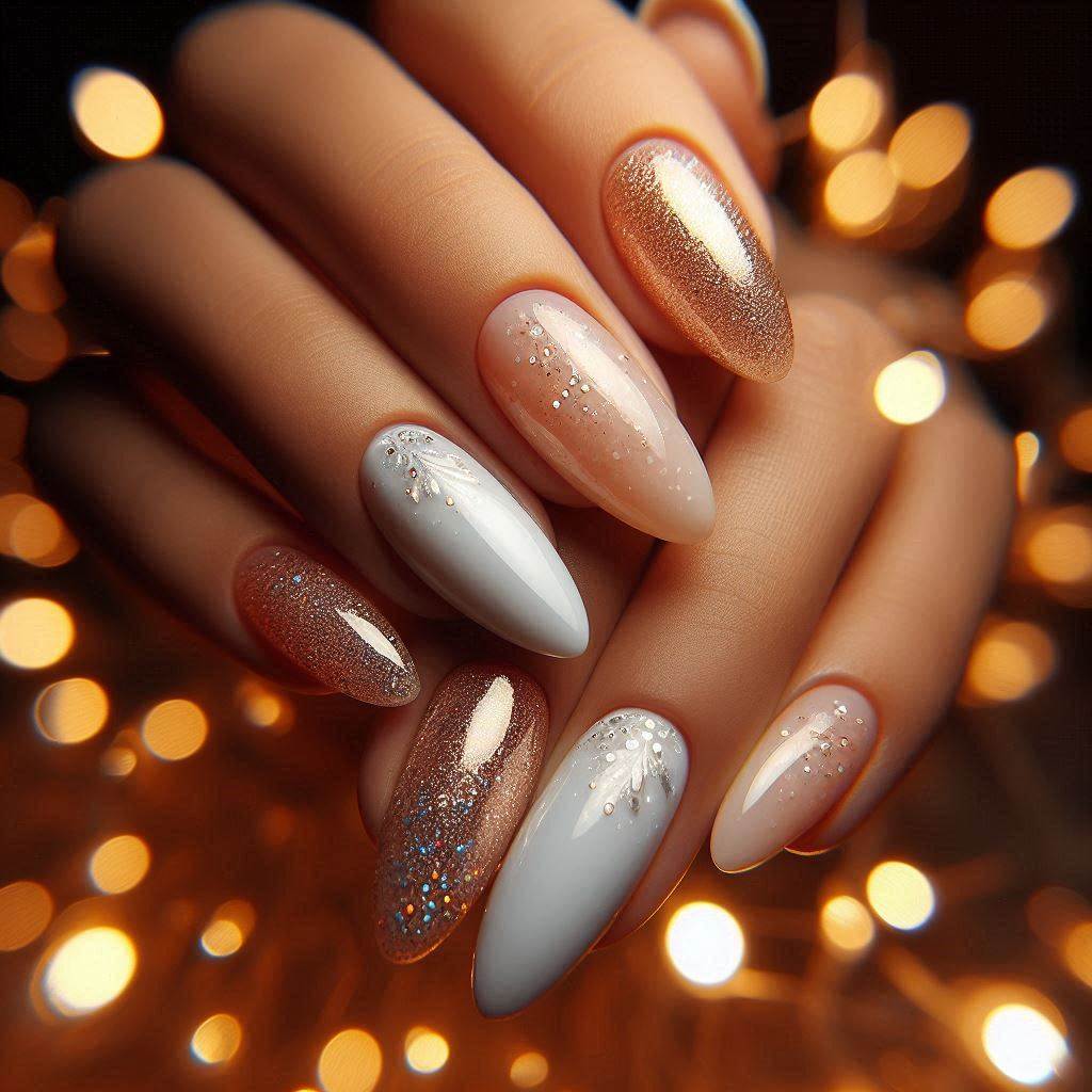 Ombre White and Champagne Glitter Almond Nails for Luxe Glam