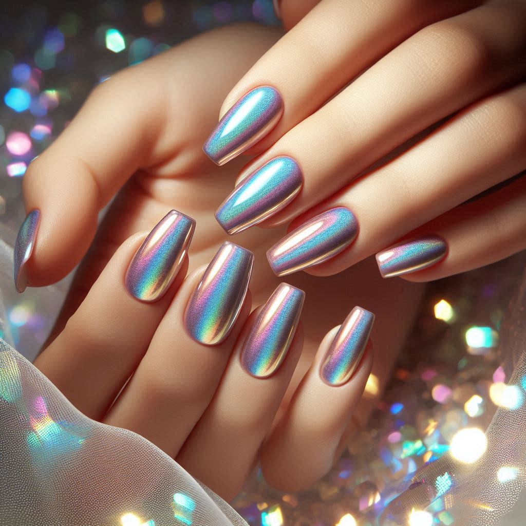 Holographic Short Coffin Acrylic Nails