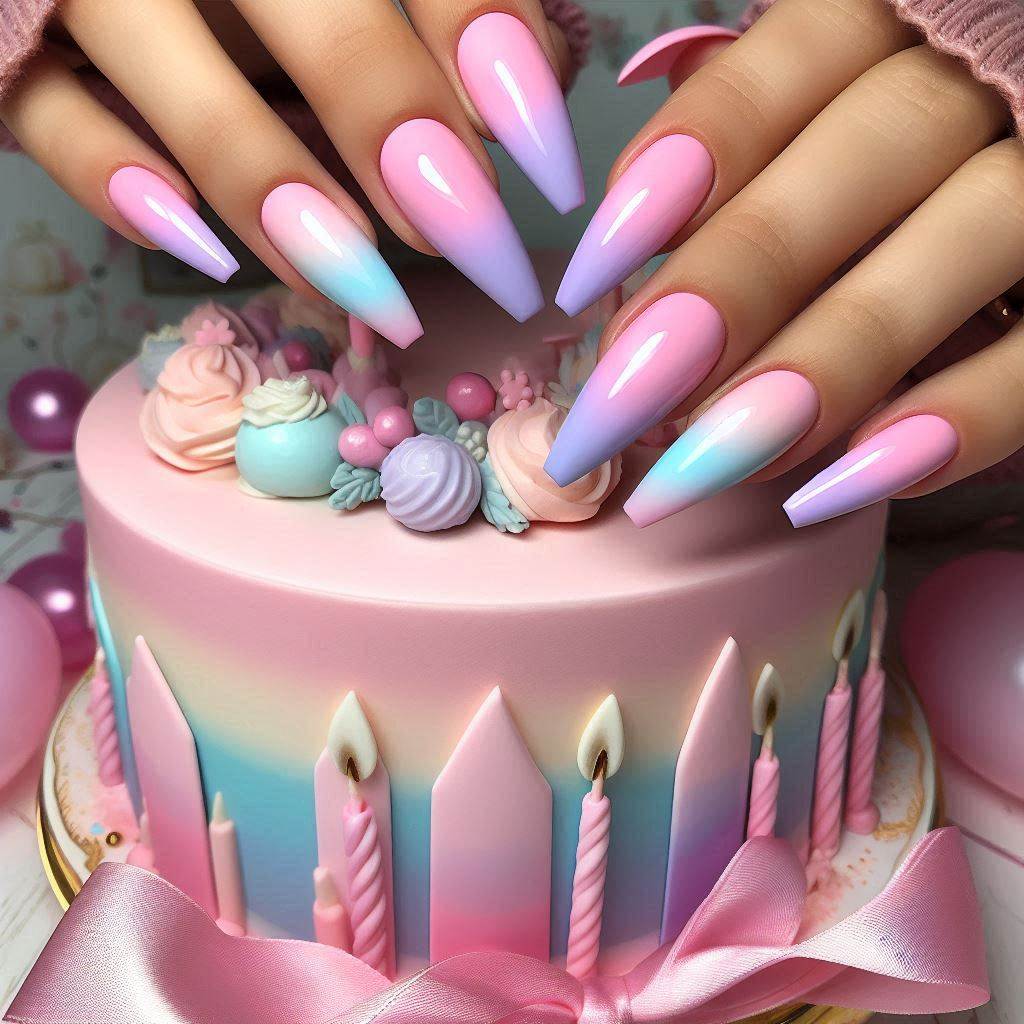 Pastel Ombre Birthday Nails Coffin for a Soft, Dreamy Look