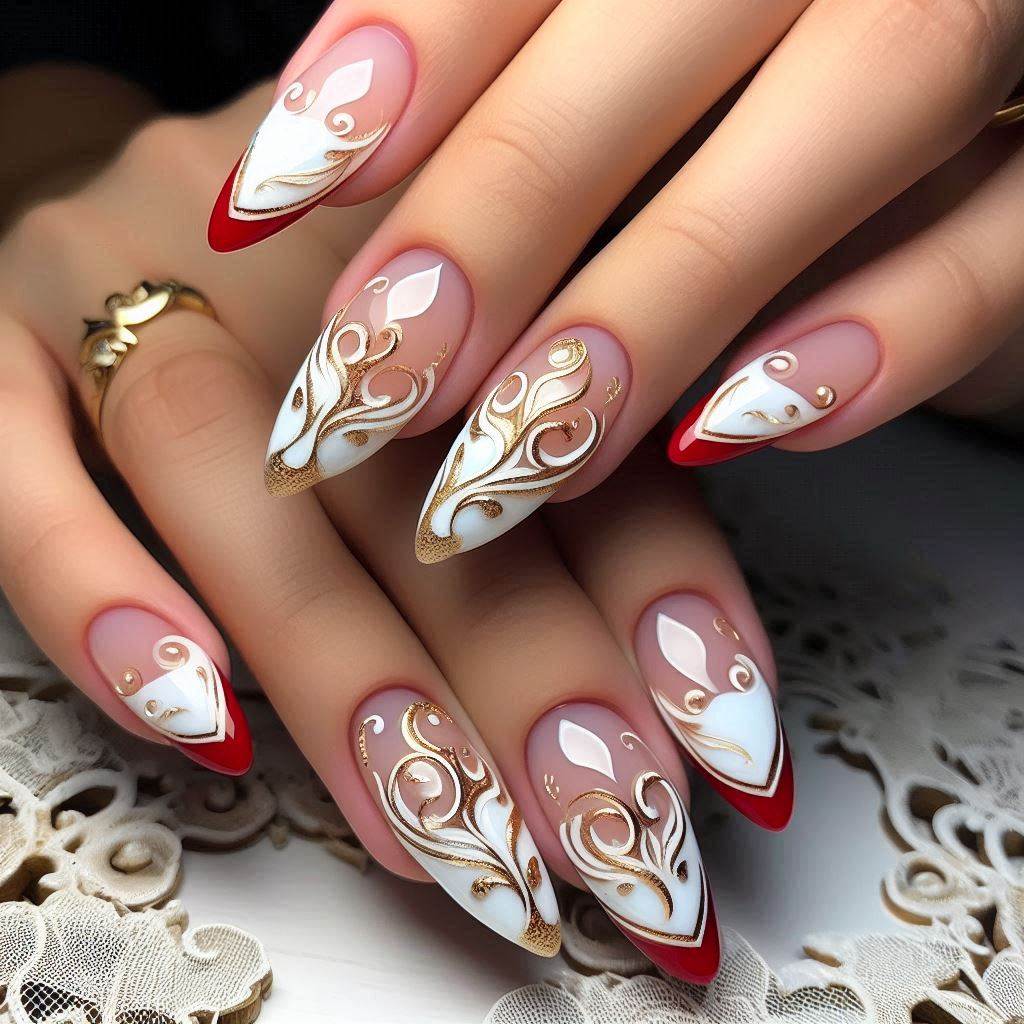 Red French Tip Nails with Swirls for an Artistic Flair