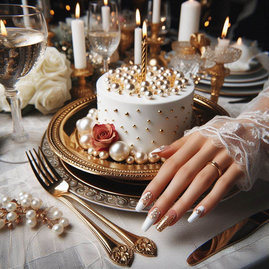  White Gold Nails Birthday with Pearls