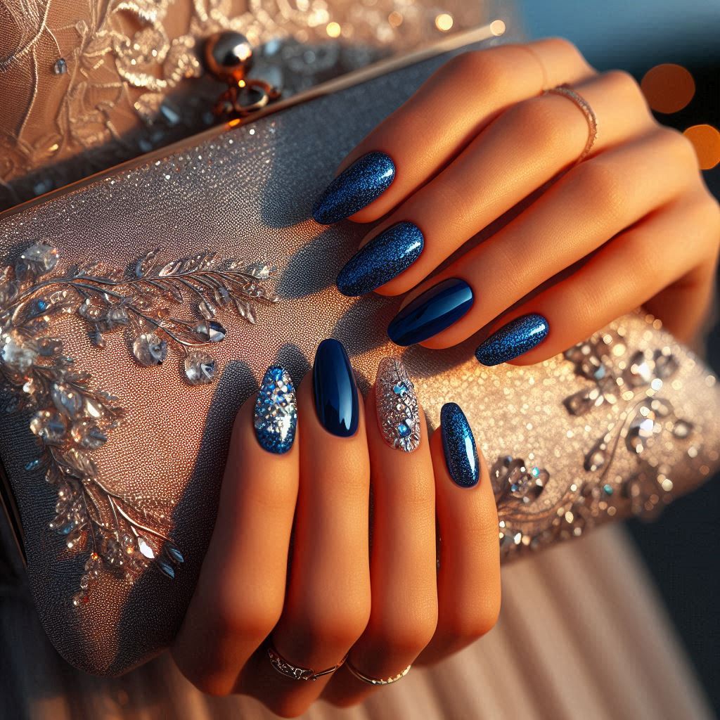 Glittery Royal Blue Acrylic Nails for a Sparkling Touch