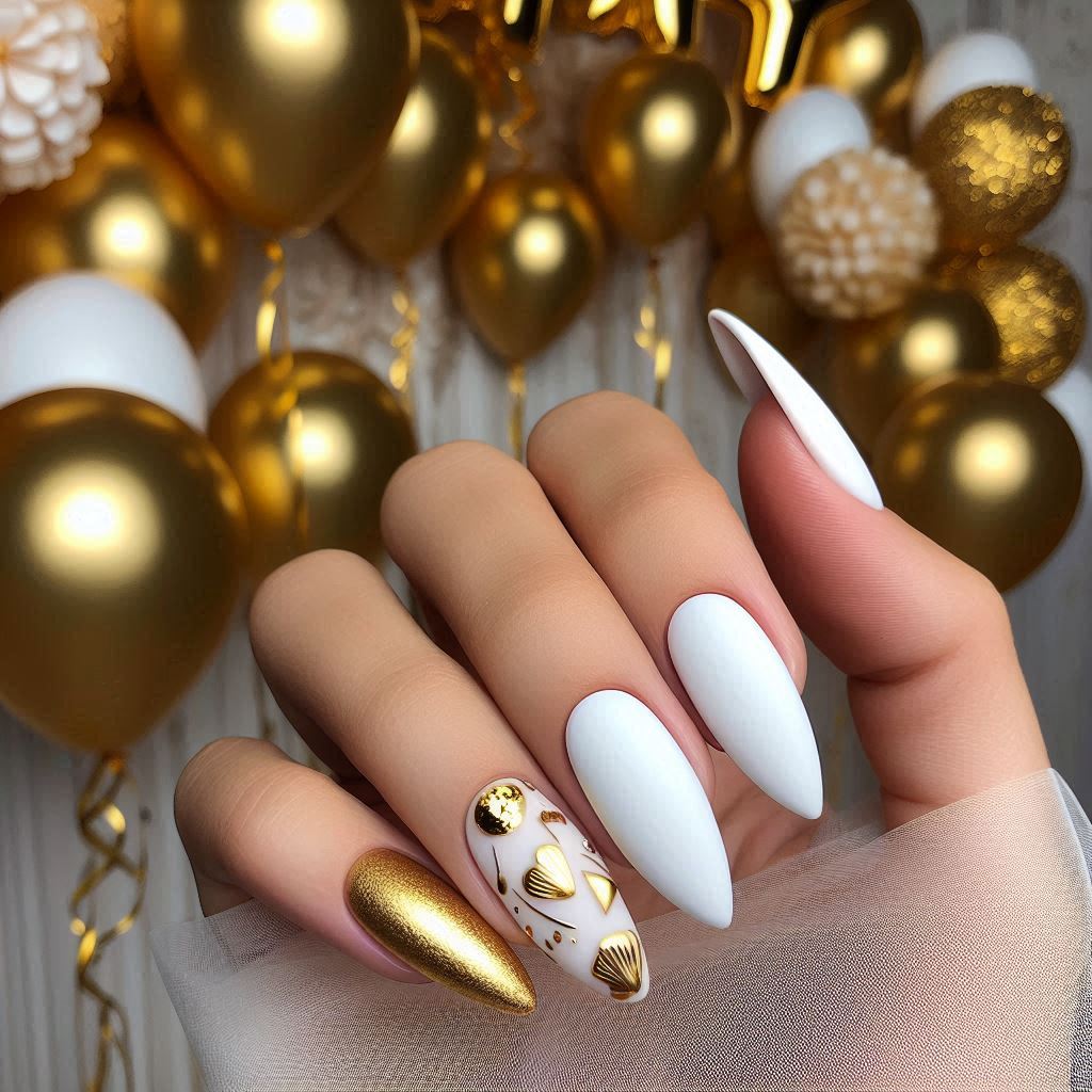 Matte White and Gold Nails 