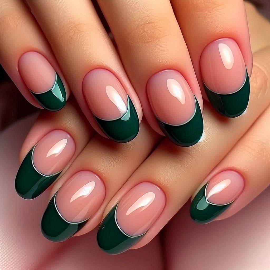 French Tip Nails Short Green for an Earthy & Chic Look