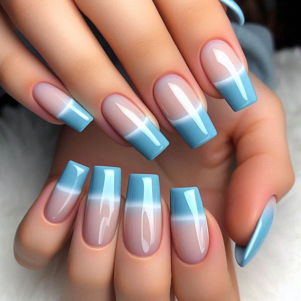 Square Blue Nails French Tip