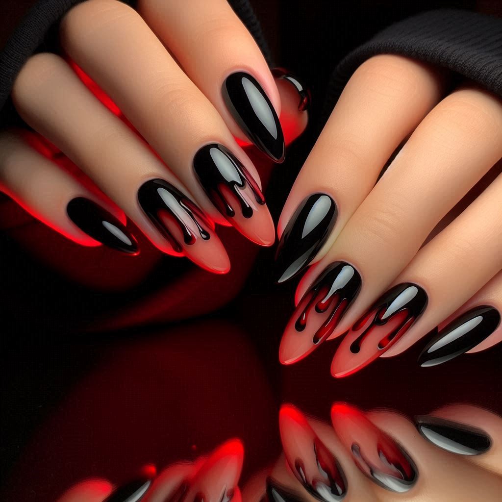  Black and Red Drip Nails